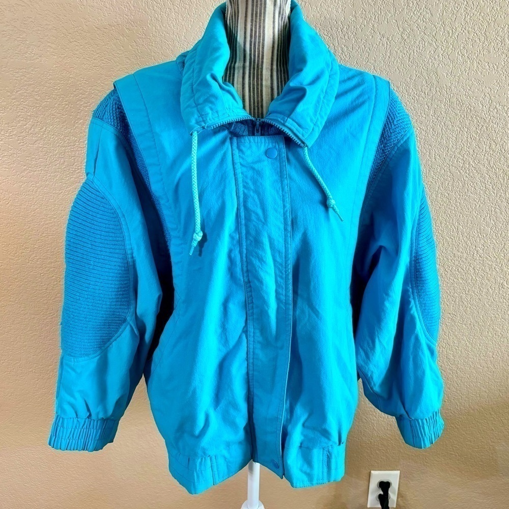 Vintage 90s Coat Large Andy John’s Teal Knit Poofy Long Sleeves High Collar